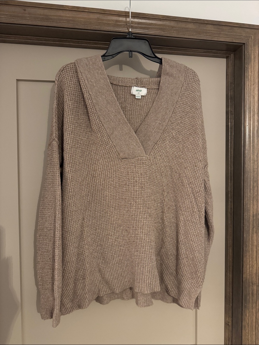 aerie Taupe V-Neck Waffle Knit Sweater